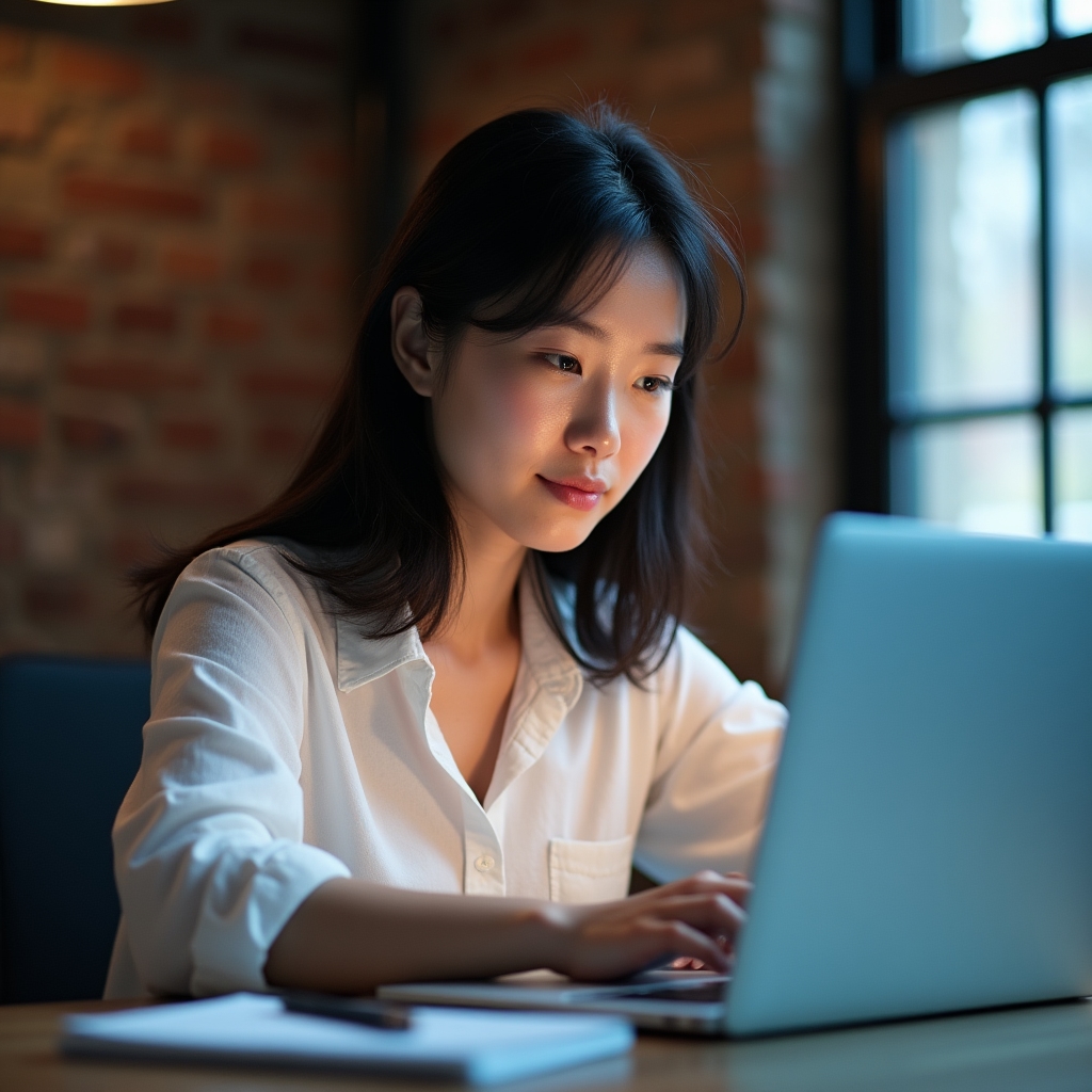 Fokussierte Freelancerin am Laptop bei der Arbeit